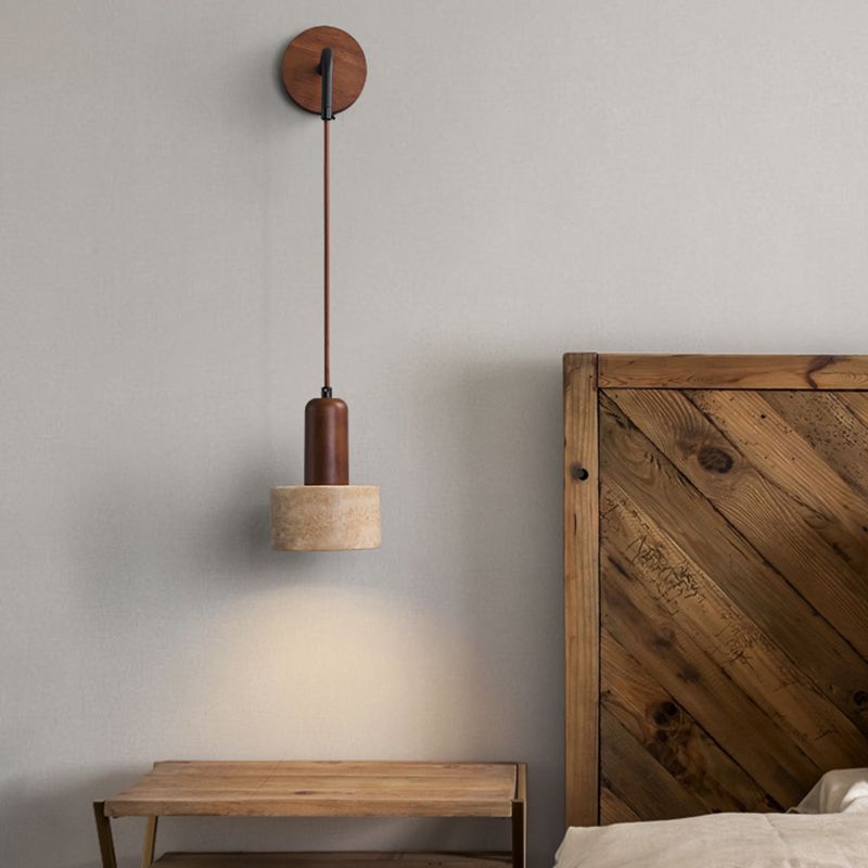 Stone and Wood Wall Lighting Cylinder Modern Wall Sconce in Brown