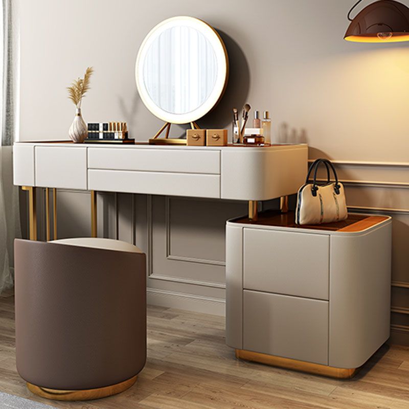 Contemporary Faux Leather Vanity Tables 4 Drawer Glass Top Makeup Vanity Desk