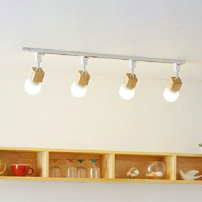 Exposed Bulb Track Lighting Simplicity Wooden 4-Light Dining Room Semi Flush Ceiling Light in White