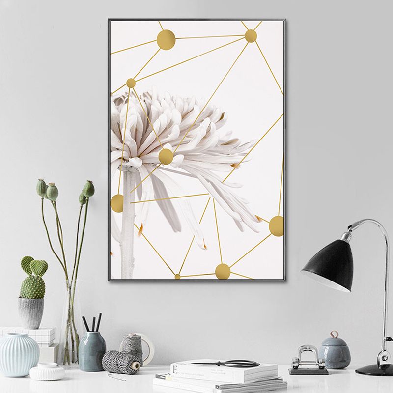 Modern Blooming Chrysanths Art Print White and Gold Geometric Canvas for Living Room
