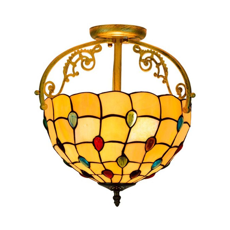Grid Patterned Cut Glass Semi Flush Mount Baroque 2 Lights Yellow/Orange/Blue Ceiling Lighting for Dining Room