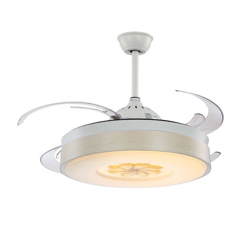 Moderne Style -Trommelform LED -Deckenlüfter 6 Windgeschwindigkeit 8 Reversible Blatt Acryl weiße Halbflush Mount Light