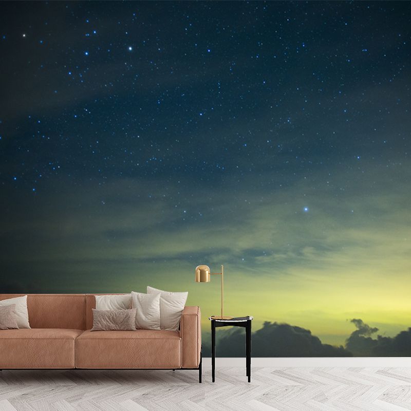 Large Modern Mural Blue-Yellow Mountain and Twinkling Star Sky Wall Decor, Custom-Made