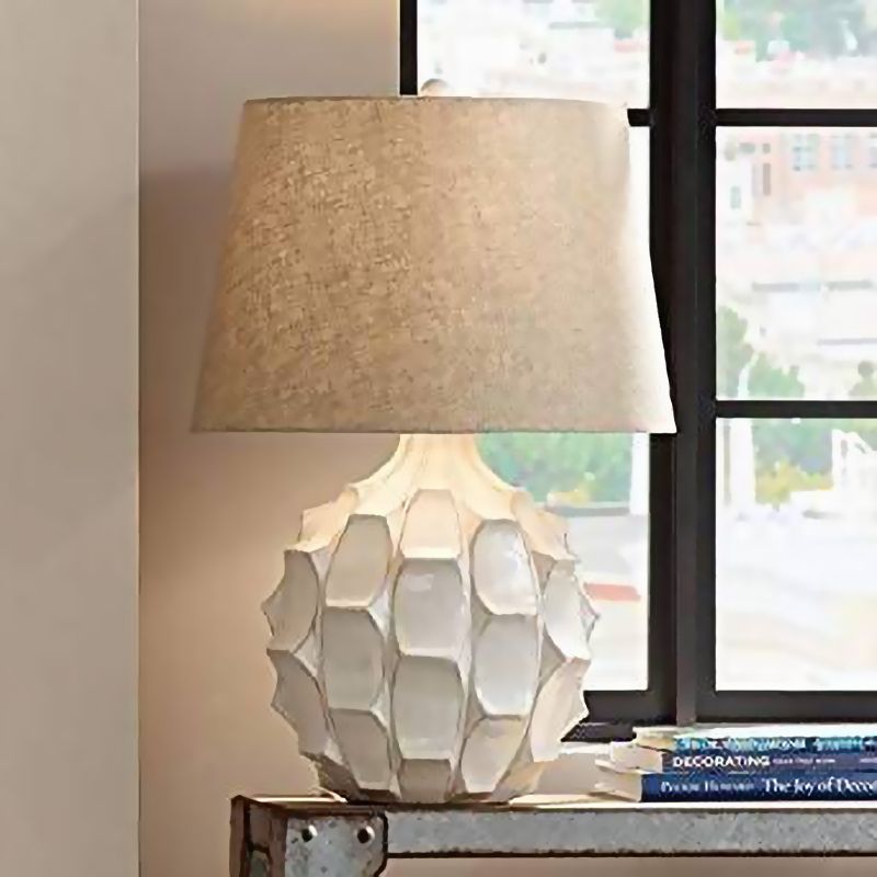 Rustic Pinecone Night Table Lamp 1 Head Ceramic Nightstand Light with Tapered Drum Shade in White