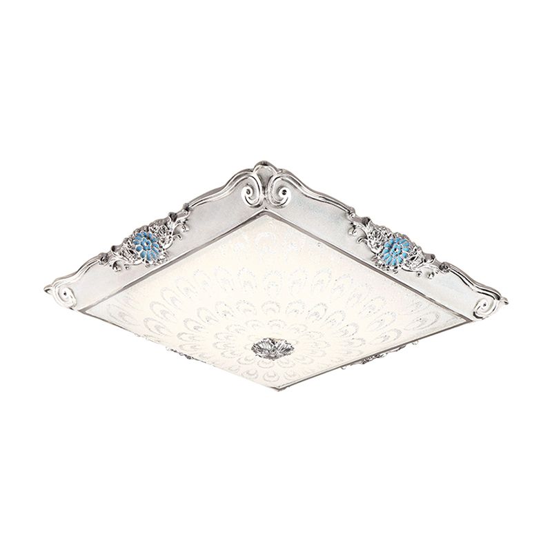 Square Shaped Bedroom Flushmount Light Retro Style Cream Glass LED Blue Ceiling Lamp