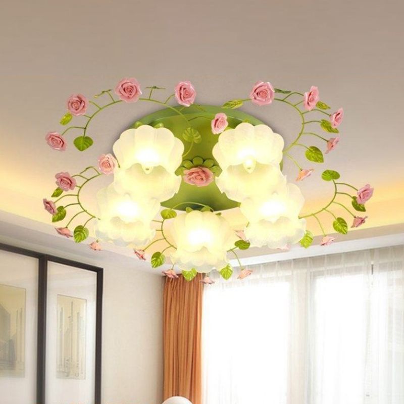 Plafonnier en forme de rose en verre crème, luminaire traditionnel à 5 têtes pour chambre à coucher, luminaire encastré en vert