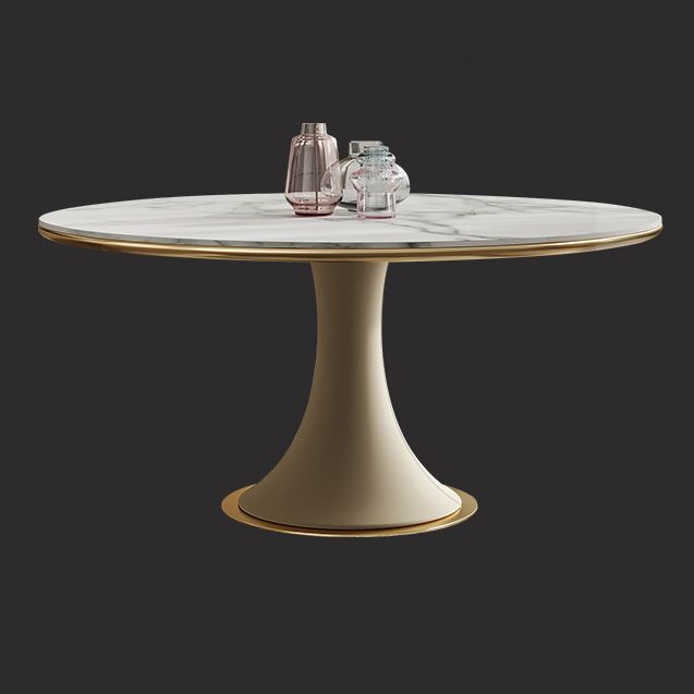 Mesa de comedor de lujo tradicional redonda mesa de piedra sinterizada blanca con base de pedestal blanco