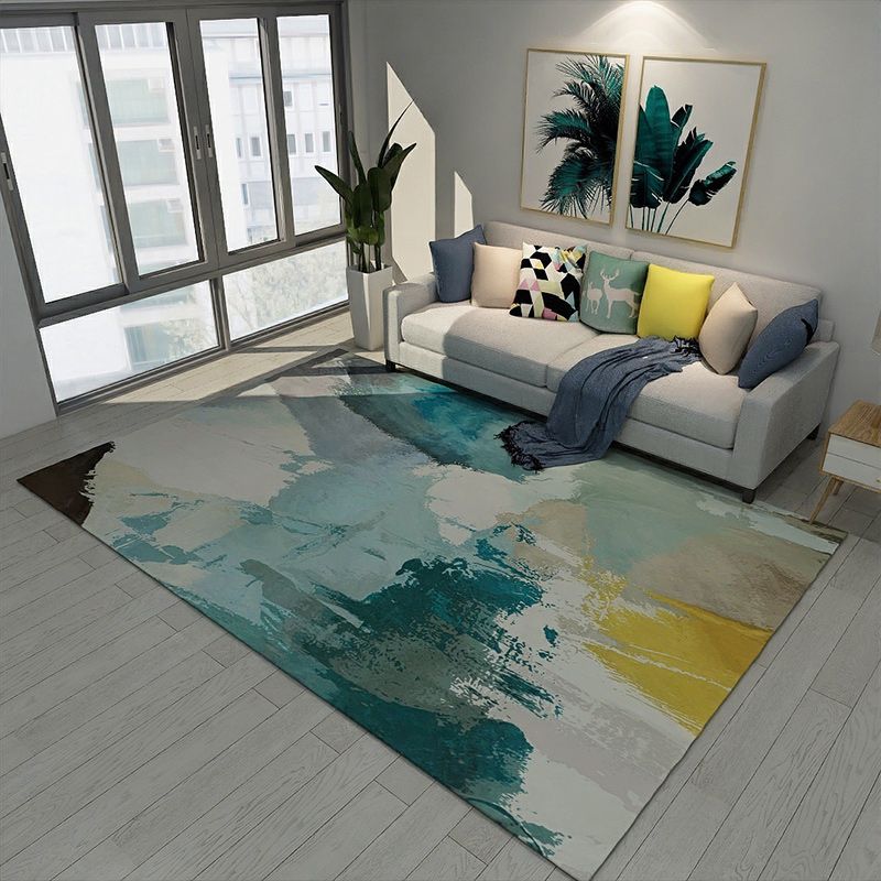 Novelty Brushstroke Painting Pattern Rug Blue and Yellow Polyester Rug Washable Carpet for Living Room
