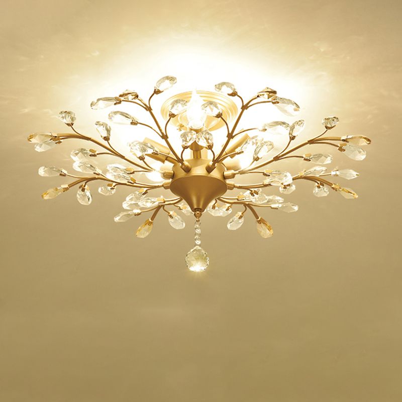 Unique Shape Crystal Flush Light Modern Style Multi Lights Flush Mount Fixture in Brass