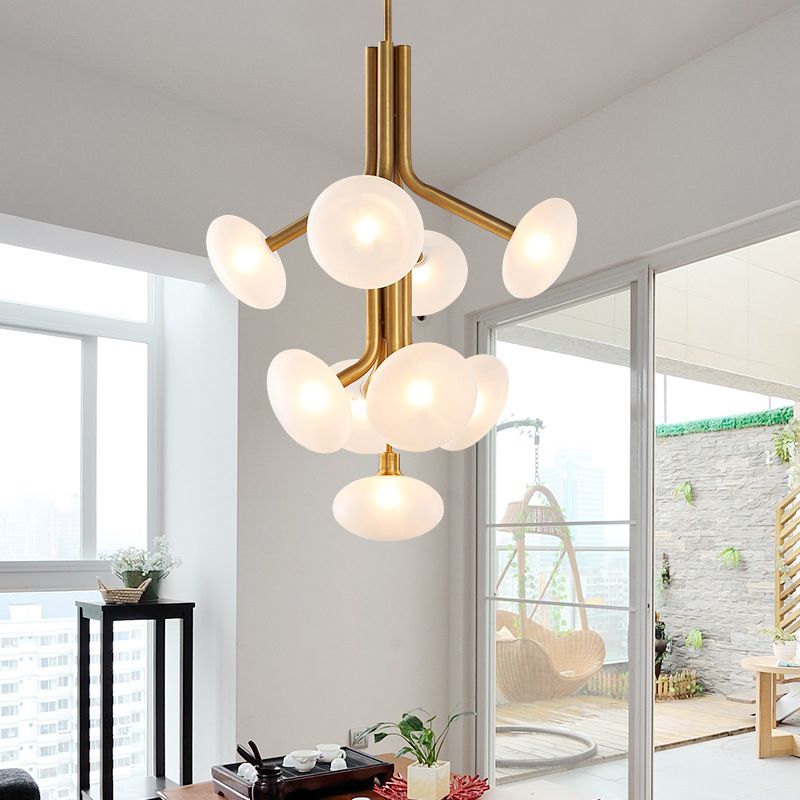 Round Pendant Chandelier Modern Frosted Glass 9 Heads Ceiling Suspension Lamp in Gold