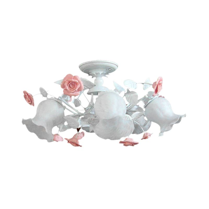 6 Heads Semi Flush Light Korean Garden Blossom White Glass Flush Mount Lighting Fixture