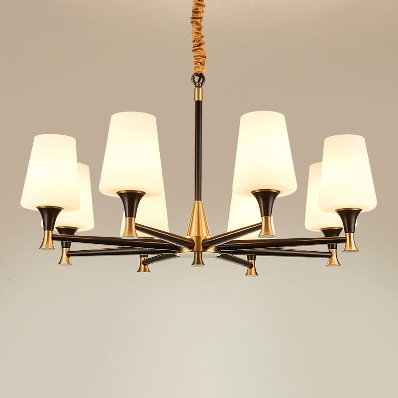 Conical White Glass Chandelier Light Traditional Bedroom Ceiling Suspension Lamp in Black