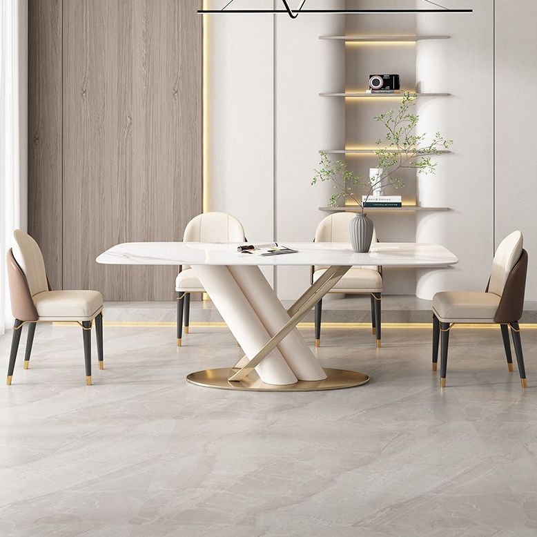 Contemporary Rectangle Shape Sintered Stone Top Dining Set Standard Kitchen Dining Set in White