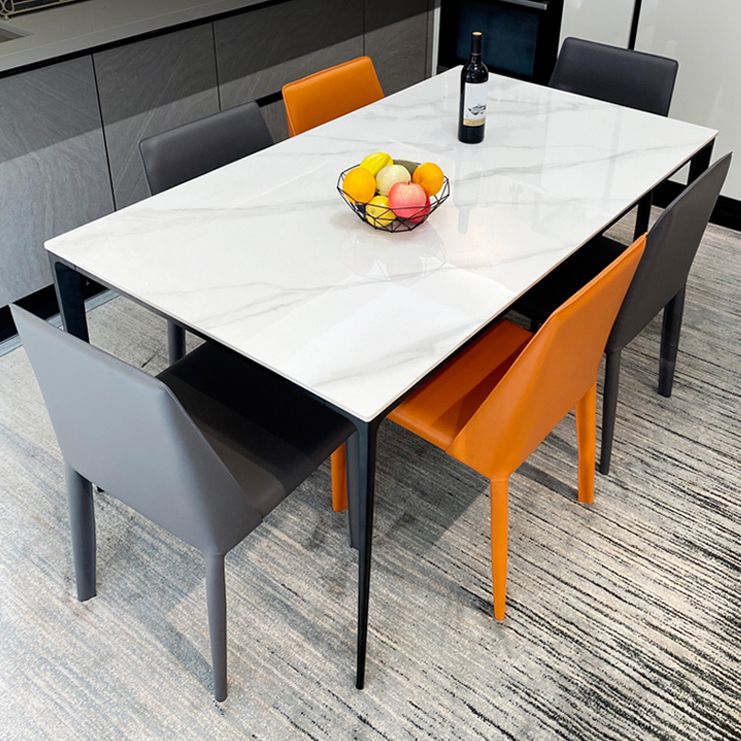 Modern White Stone Top Rectangular Dining Table with 4 Black Metal Legs