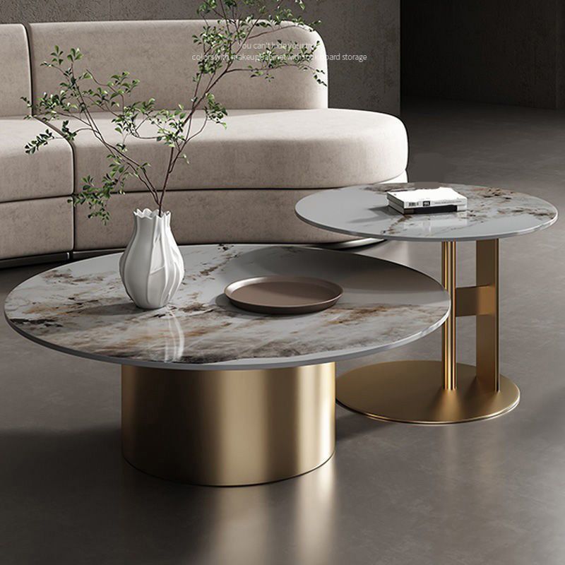 Modern Round Slate Cocktail Table Stainless Steel Pedestal Coffee Table