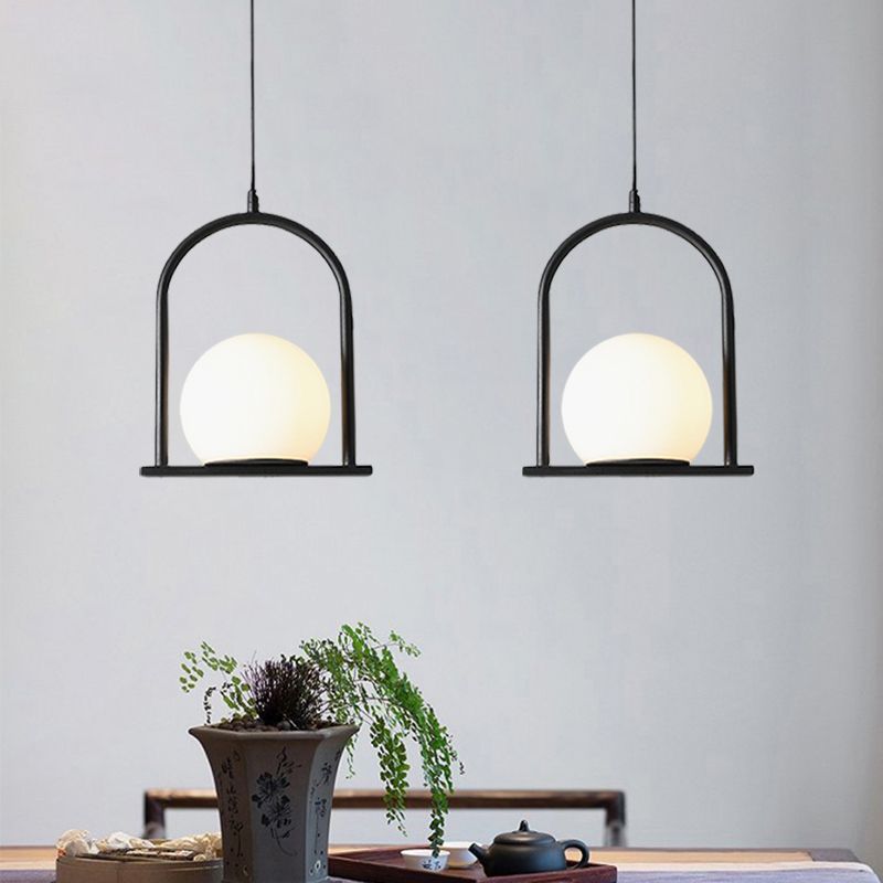 Black/Gold Arch Frame Suspension Pendant Nordic 1 Bulb Opal Ball Glass Hanging Ceiling Light