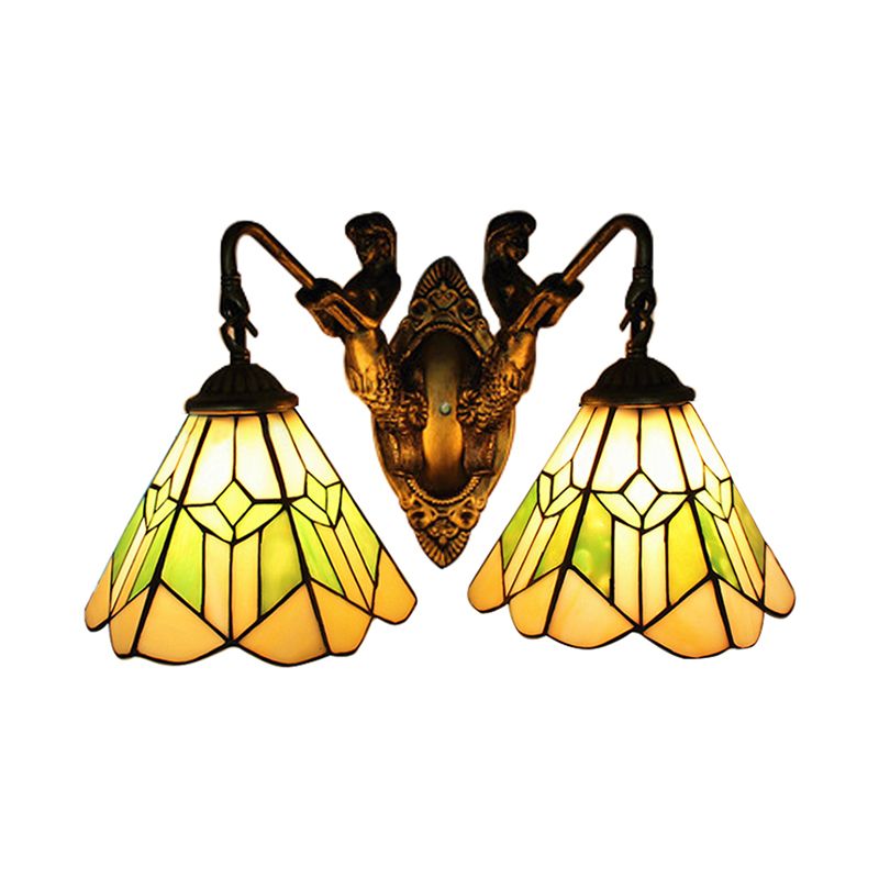 Conical Wall Light Fixture Tiffany Green and White Glass 2 Heads Aged Brass Sconce Light