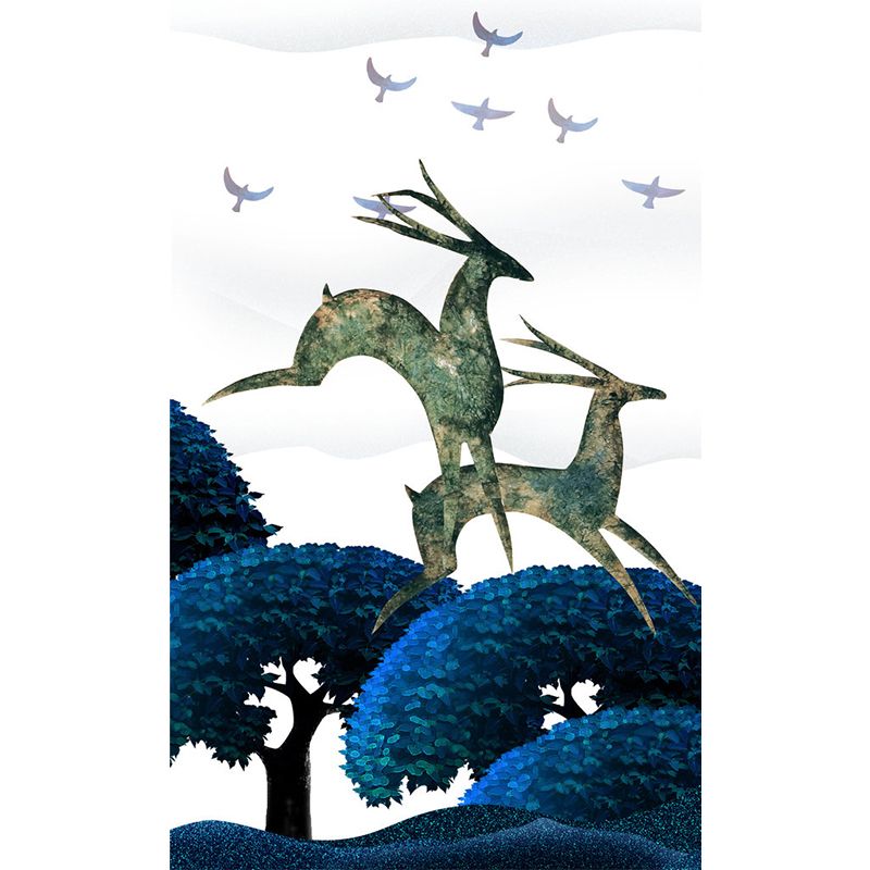 Scandinavian Deers Mural Wallpaper for Bedroom Customized Wall Covering in Blue-Green