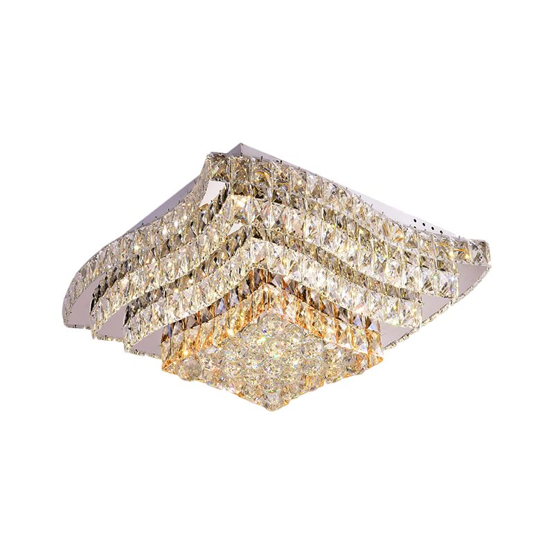 Wavy-Side Square Bedroom Flush Mount Modern Clear Crystal Blocks Stainless-Steel LED Ceiling Lighting Fixture