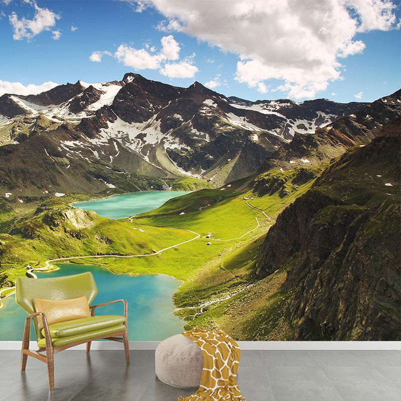 Green Plateau Lakes Scene Mural Wallpaper Moisture Resistant Wall Art for Hallway