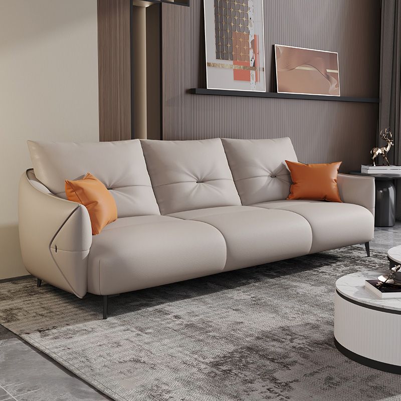 Beige Genuine Leather Sloped Arms Sofa/Sectionals With Cushions Metal Legs