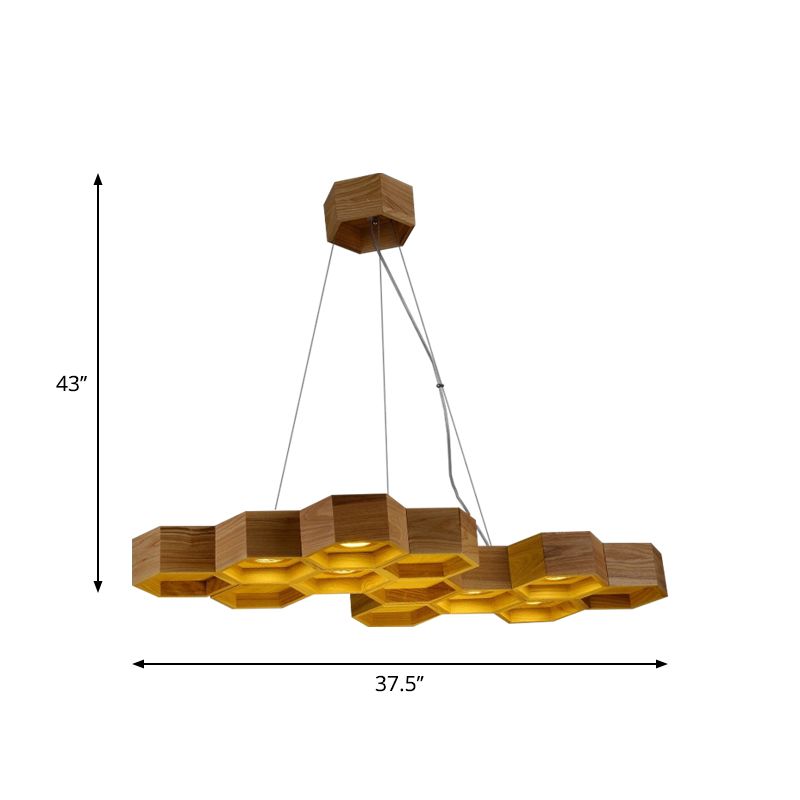 Modernism Beehive Suspension Light Wooden 6-Light Dining Room Chandelier Pendant in Brown