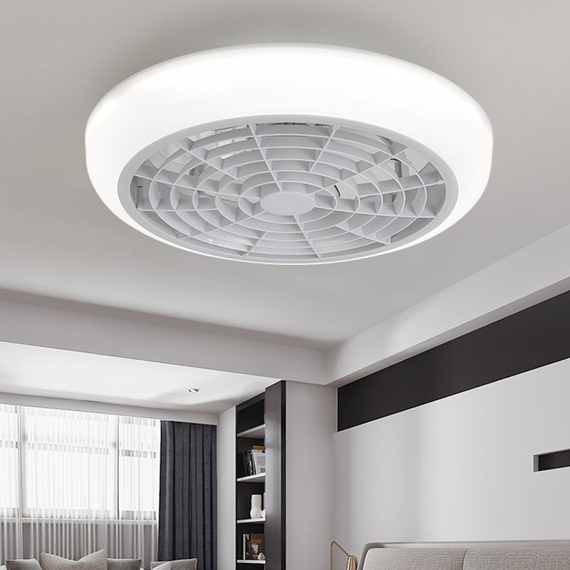 18" W White LED Ceiling Fan Light Contemporary Acrylic Shade Round Semi Flush Mounted Lamp for Bedroom with 6 Blades