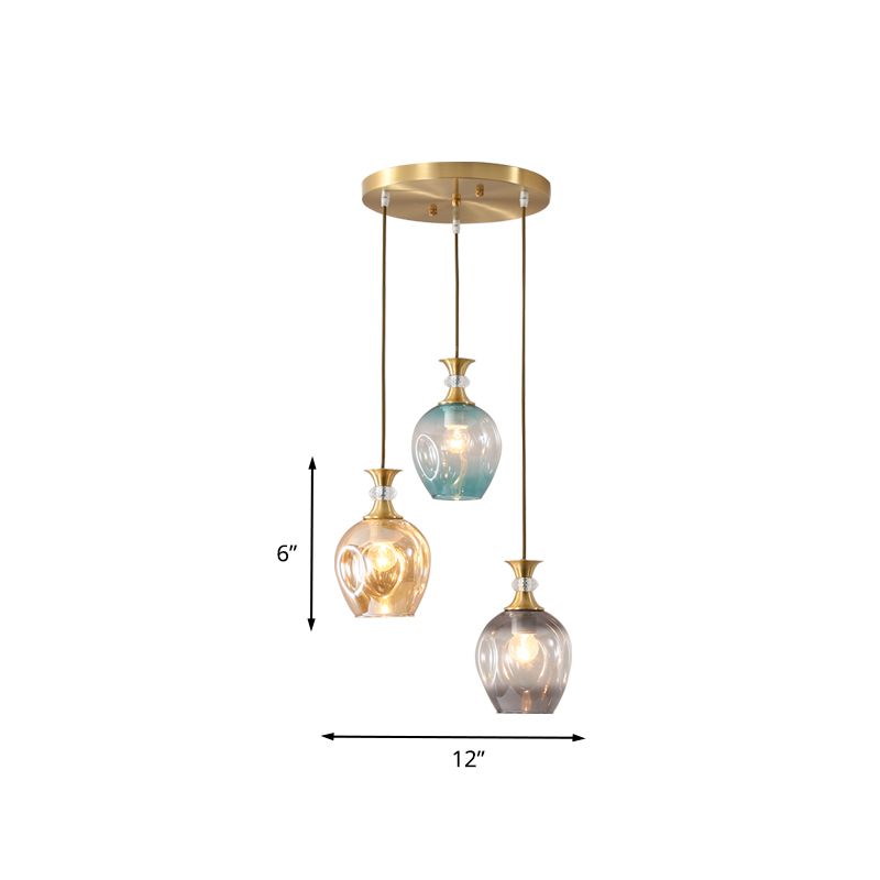Gold Tulips Cluster Pendant Light Modernist 3 Heads Tan-Blue-Grey Dimpled Glass Ceiling Lamp