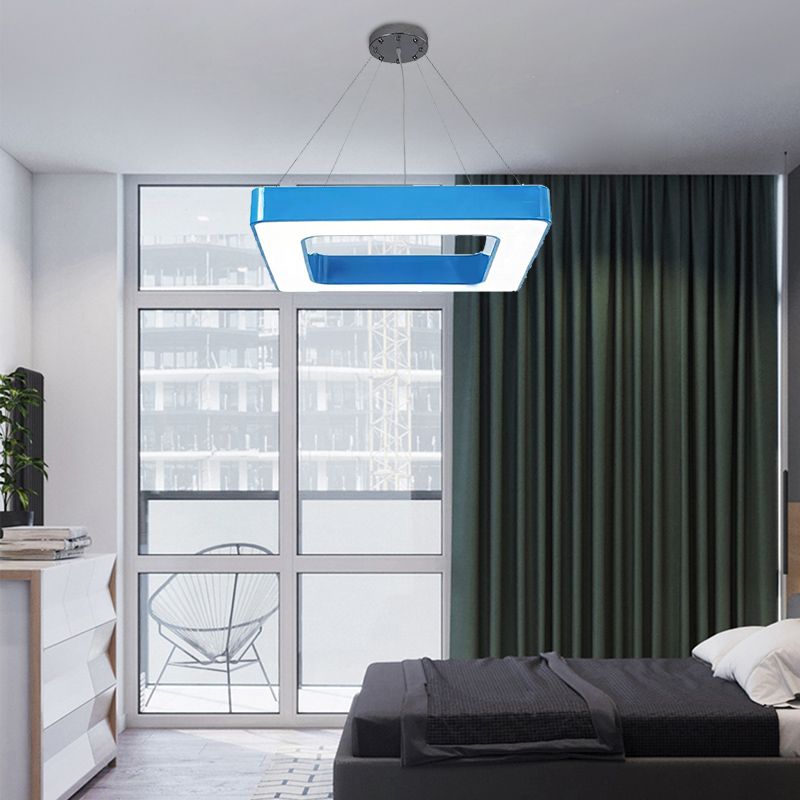 Red/Yellow/Blue/Green Square Pendant Lamp Kids Acrylic LED Chandelier Light Fixture in Third Gear/White Light for Bedroom