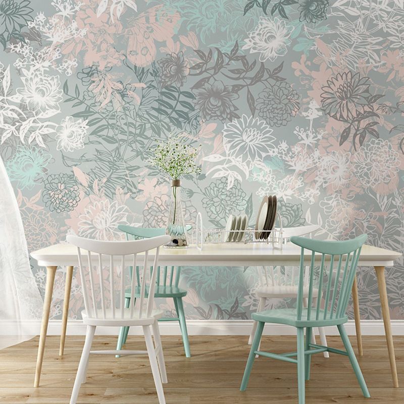 Full Illustration Blossoming Flower Mural for Bedroom in Grey, Customized Size Available