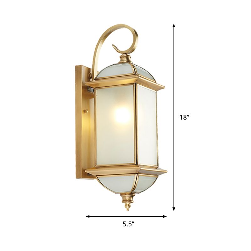 Single Curly Arm Wall Sconce Classic Golden Brass and Frosted Glass Shade Outdoor Wall Lantern