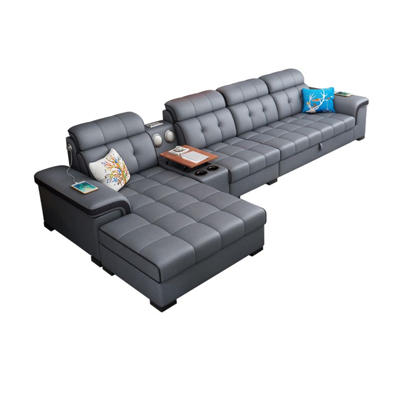 Sewn Pillow Back Sectional Convertible Grey Sofa Bed with Adjustable Headrest