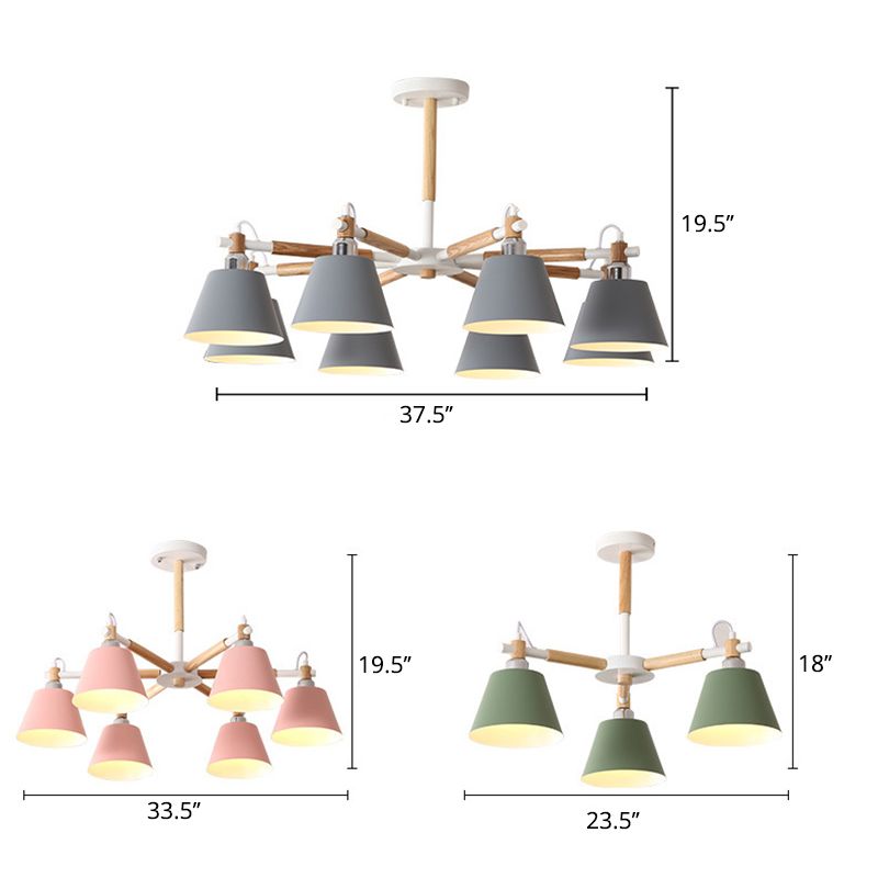 Conical Metal Pendant Lamp Macaron Wood Ceiling Chandelier Light for Living Room