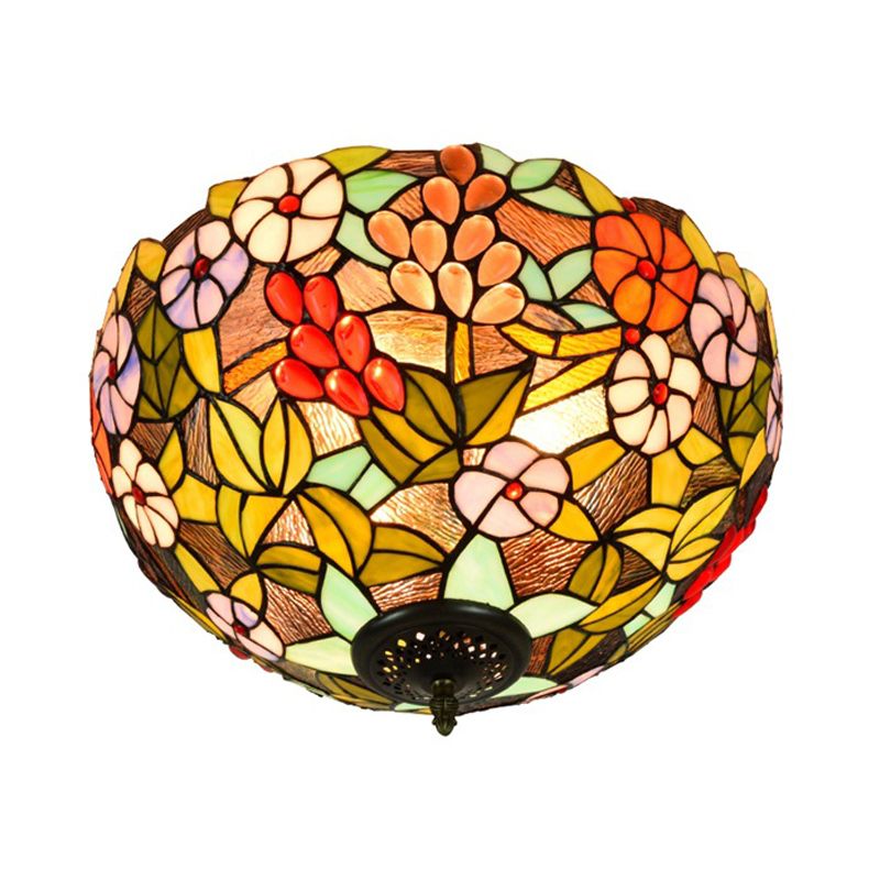 2/3 Lights Flower Ceiling Lighting Tiffany Brass Metal Flush Mount Light for Hallway, 12"/16" Wide