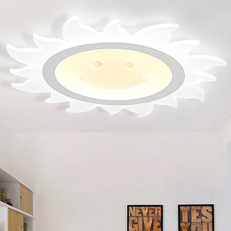 Plafonnier LED blanc en acrylique avec soleil souriant, joli plafonnier pour chambre d'enfant