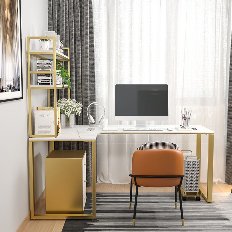 Glam Sintered Stone Desk L-Shape Bedroom White Writing Desk with Gold Steel Leg