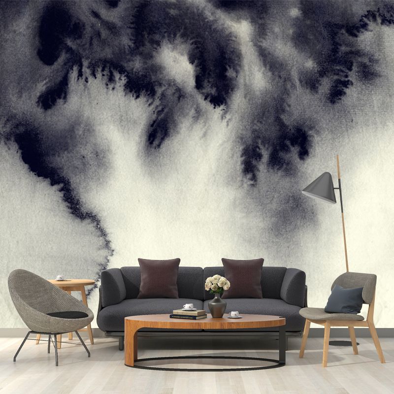 Grey Ink Painting Wall Mural Abstract Artistic Waterproof Wall Covering for Hallway