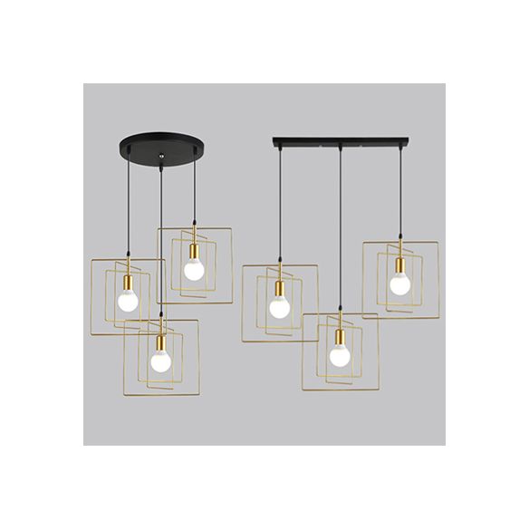 Frame Squared Metal Pendant Lighting Vintage Industrial 3 Lights Dining Room Hanging Ceiling Light in Gold