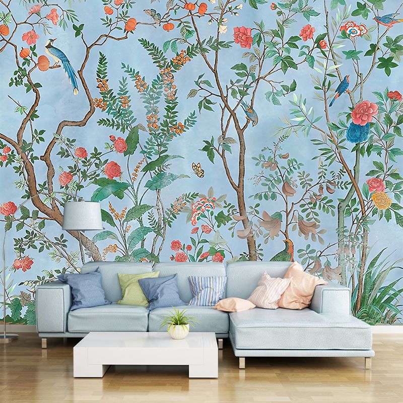 Personalized Illustration Stylish Murals with Bird and Flower Bushes Pattern in Soft Color