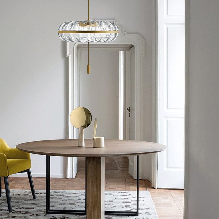 Rippled Glass Pumpkin Shaped Pendant Minimalist Brass LED Ceiling Light for Dining Room
