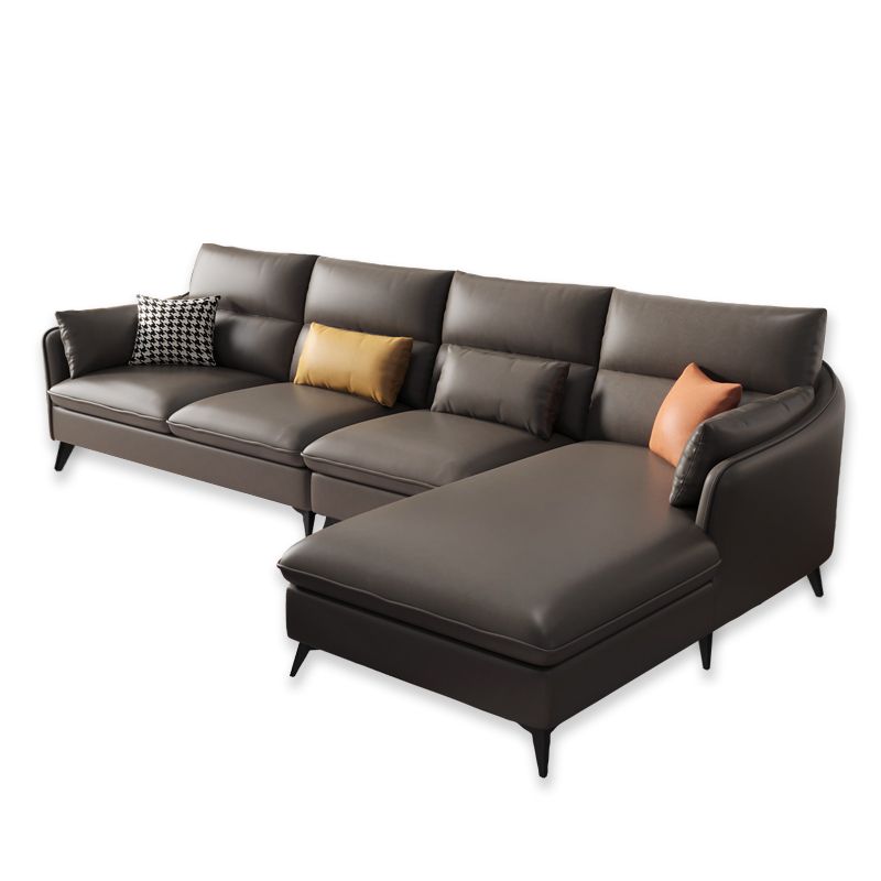 Faux Leather Sloped Arms Sectional with Pillowed Back Cushions for Living Room