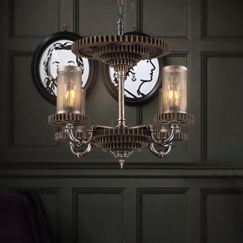 Cilindro de almacén Candelier colgante 4 luces Kit de luz colgante de metal en negro con engranaje deco