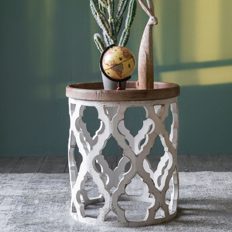 Rustic Drum Side Table Solid Wood Sofa Side Accent Table in Distressed White
