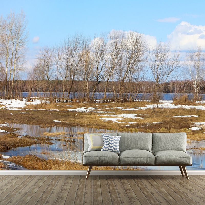 Modern Winter Landscape Mural Blue-Brown River with Melting Snow Scenery Wall Art