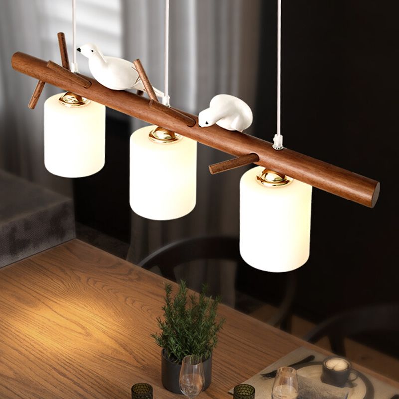 Wood Modern Pendant Light Cylinder Shape Island Light with Glass Shade for Living Room