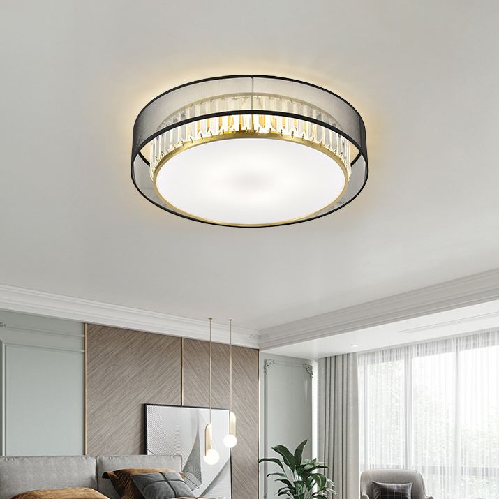 Modern Flush Light Drum Ceiling Lighting with Crystal and Fabric for Bedroom