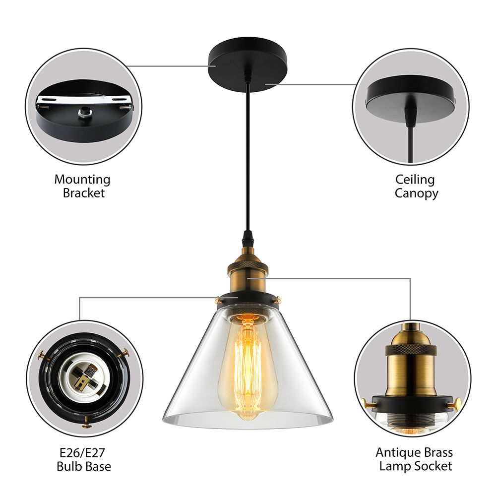 5,5 "/7" Light industriale a sospensione a cono largo 1 lampada appesa a grigio chiaro/marrone/trasparente in bronzo