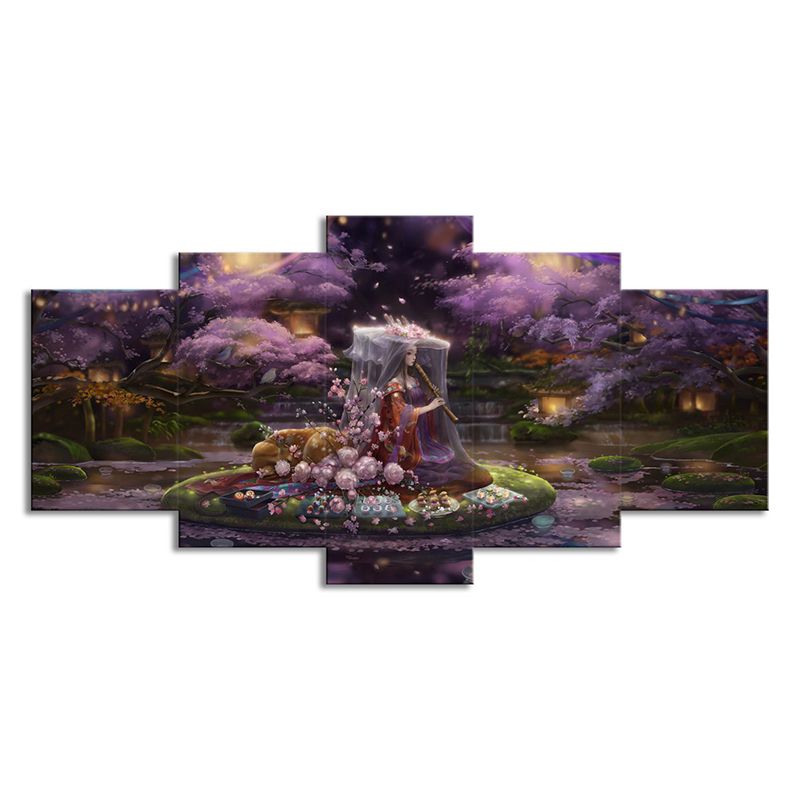 Canvas Purple Art Print Cartoon Fairy with Cherry Blossom Game Scene Wall Decor for Room