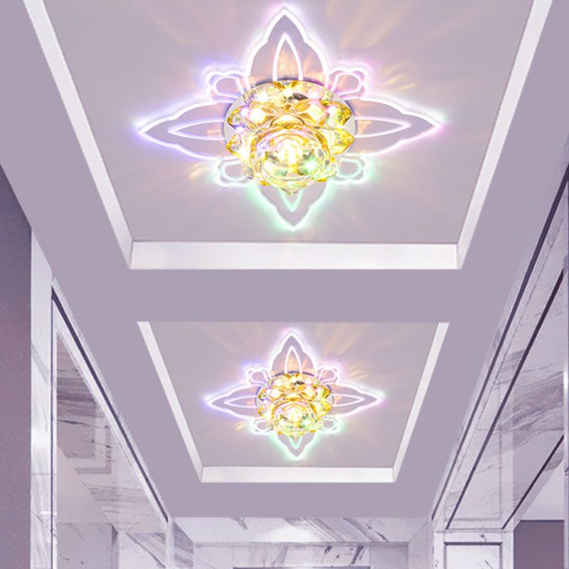 Modernism Blossom Flush Light Fixture LED Clear Crystal Ceiling Lighting with Leaf Edge, Warm/Multi Color Light