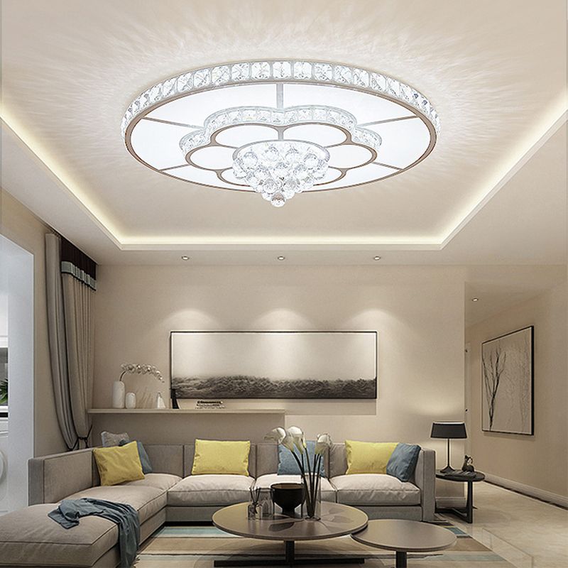 Minimalist Round Flush Ceiling Light Crystal Sitting Room LED Flush Mount Fixture in White